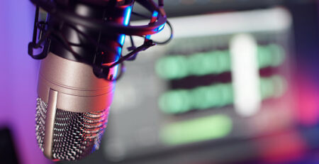 Podcast recording microphone in a studio